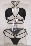Black Sexy Solid Patchwork Frenulum Swimwears