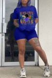 Blue Fashion Casual Print Basic O Neck Short Sleeve Two Pieces