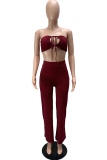 Burgundy Sexy Solid Split Joint Strapless Sleeveless Two Pieces