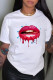 White Fashion Casual Lips Printed Patchwork O Neck T-Shirts