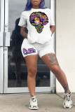 White Casual Print Patchwork O Neck Short Sleeve Two Pieces
