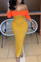 Yellow Sexy Solid Split Joint Backless Asymmetrical Off the Shoulder Pencil Skirt Dresses