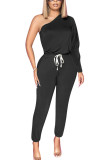 Black Fashion Daily Adult Solid One Shoulder Straight Jumpsuits