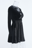 Black Fashion Solid Sequins V Neck Cake Skirt Dresses