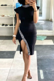 Black Fashion Sexy Patchwork Slit Half A Turtleneck Short Sleeve Dress