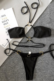 Black Sexy Solid Patchwork Frenulum Swimwears