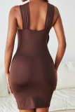 Brown Sexy Solid Patchwork Halter Pencil Skirt Dresses