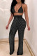Black Fashion Sexy Patchwork Hot Drilling Bandage Backless Halter Sleeveless Two Pieces