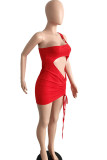 Pink Sexy Solid Hollowed Out Patchwork Draw String Oblique Collar Pencil Skirt Dresses