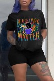 Blue Fashion Casual Print Basic O Neck Short Sleeve Two Pieces