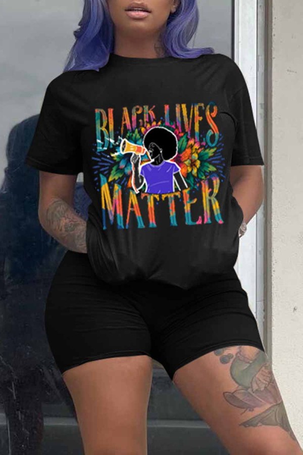 Black Fashion Casual Print Basic O Neck Short Sleeve Two Pieces
