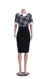 Black White Fashion Print Patchwork Turndown Collar Pencil Skirt Dresses
