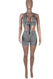Pink Sexy Plaid Print Patchwork Knotted V Neck Sleeveless Two Pieces