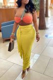 Yellow Sexy Solid Bandage Patchwork One Shoulder Sleeveless Two Pieces
