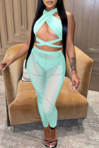 Lake Green Sexy Solid Bandage Split Joint See-through Asymmetrical Sleeveless Three Pieces