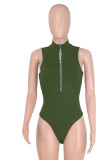 Green Sexy Solid Patchwork Hot Drill Zipper Collar Skinny Bodysuits