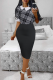 Black Fashion Print Patchwork Turndown Collar Pencil Skirt Dresses