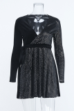 Black Fashion Solid Sequins V Neck Cake Skirt Dresses