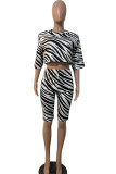 White Casual Street Print Zebra Print Patchwork O Neck Half Sleeve Two Pieces