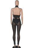 Black Sexy Solid Bandage Split Joint See-through Asymmetrical Sleeveless Three Pieces
