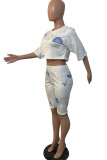 White Casual Print Patchwork O Neck Half Sleeve Two Pieces