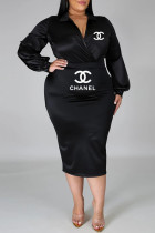 Black Fashion Elegant Print Letter Turndown Collar One Step Skirt Plus Size Two Pieces