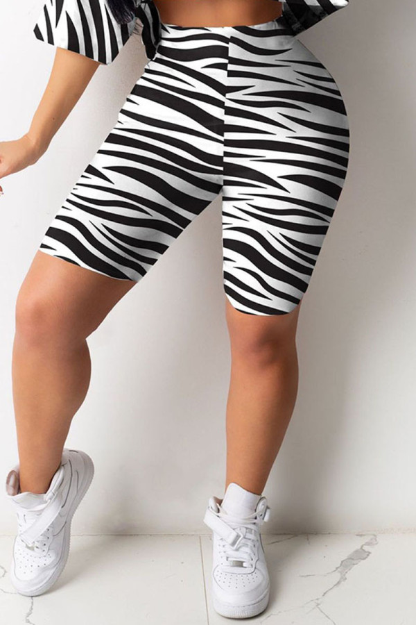 White Casual Street Print Zebra Print Patchwork O Neck Half Sleeve Two Pieces