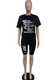 Blue Casual Print Patchwork O Neck Short Sleeve Two Pieces