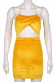 Yellow Fashion Sexy Solid Hollowed Out Backless Halter Sleeveless Dress