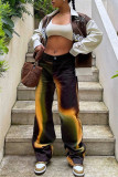 Brown Fashion Casual Print Basic Regular Mid Waist Trousers