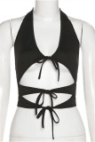 Black Fashion Sexy Solid Bandage Backless Halter Tops