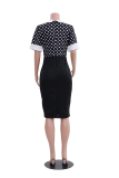 Black White Fashion Print Patchwork Turndown Collar Pencil Skirt Dresses
