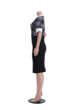 Black White Fashion Print Patchwork Turndown Collar Pencil Skirt Dresses