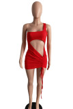Pink Sexy Solid Hollowed Out Patchwork Draw String Oblique Collar Pencil Skirt Dresses