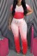 Red Fashion Casual Gradual Change Letter Print Fold O Neck Short Sleeve Two Pieces
