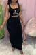 Black Fashion Casual Print Letter Square Collar Sleeveless Two Pieces