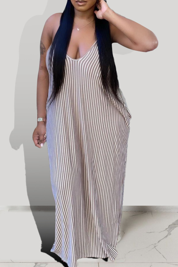 Brown Sexy Striped Patchwork Spaghetti Strap Straight Dresses