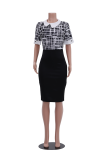 Black White Fashion Print Patchwork Turndown Collar Pencil Skirt Dresses