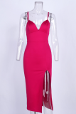 Red Sexy Solid High Opening Spaghetti Strap Pencil Skirt Dresses