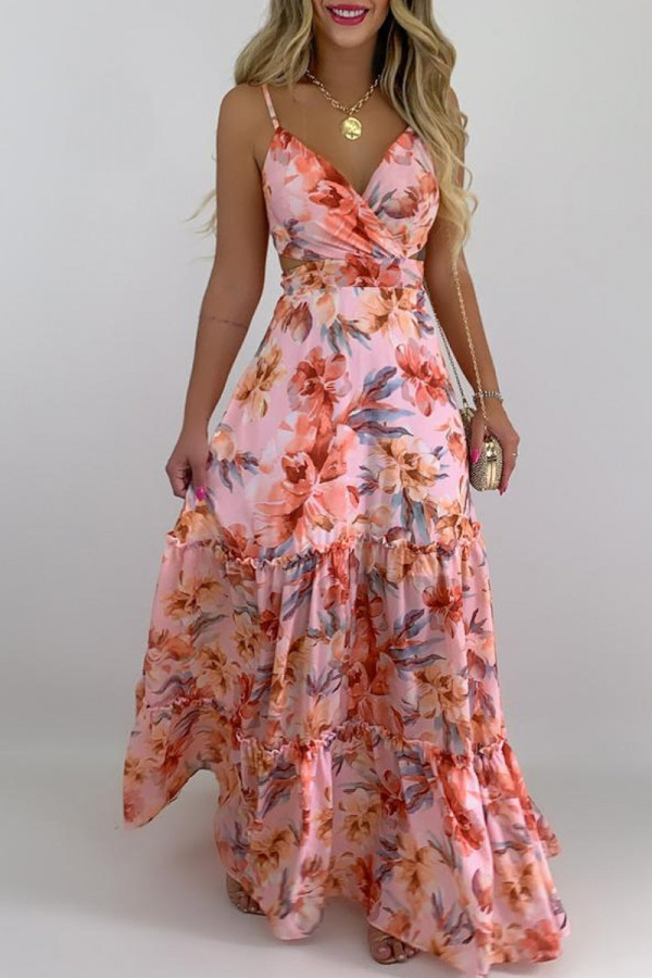 Pink Fashion Sweet Vacation Floral Cut Out Spaghetti Strap Maxi Dresses