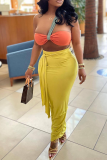 Yellow Sexy Solid Bandage Patchwork One Shoulder Sleeveless Two Pieces