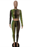 Green Fashion Casual Print See-through O Neck Long Sleeve Two Pieces