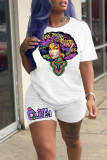 White Casual Print Patchwork O Neck Short Sleeve Two Pieces