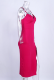 Red Sexy Solid High Opening Spaghetti Strap Pencil Skirt Dresses