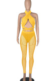 Yellow Sexy Solid Bandage Split Joint See-through Asymmetrical Sleeveless Three Pieces
