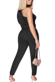 Black Fashion Daily Adult Solid One Shoulder Straight Jumpsuits