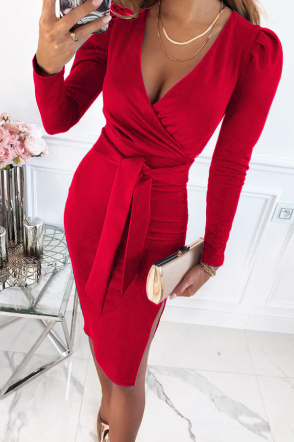 Red Sexy Solid Bandage Patchwork Slit V Neck One Step Skirt Dresses