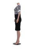 Black White Fashion Print Patchwork Turndown Collar Pencil Skirt Dresses