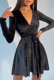 Black Fashion Solid Sequins V Neck Cake Skirt Dresses