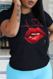 White Fashion Casual Lips Printed Patchwork O Neck T-Shirts